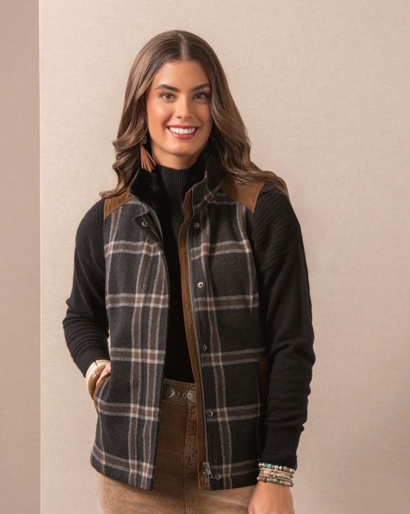 Dark Grey Plaid Wool/Rabbit Fur Collar Vest - CSHDG