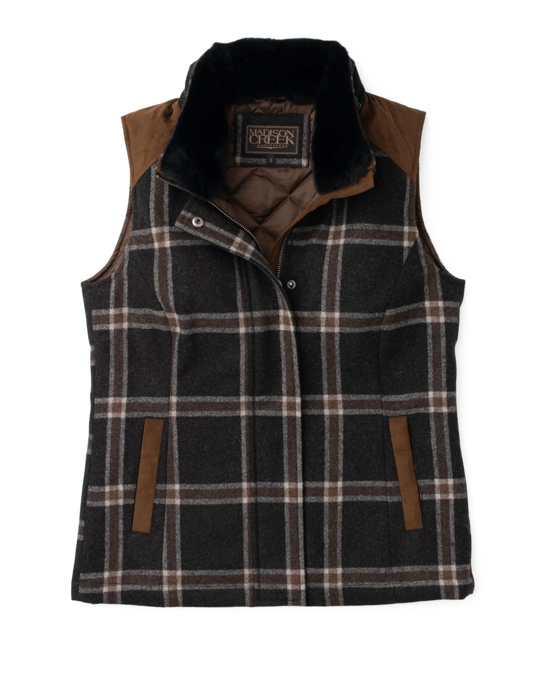 Dark Grey Plaid Wool/Rabbit Fur Collar Vest - CSHDG