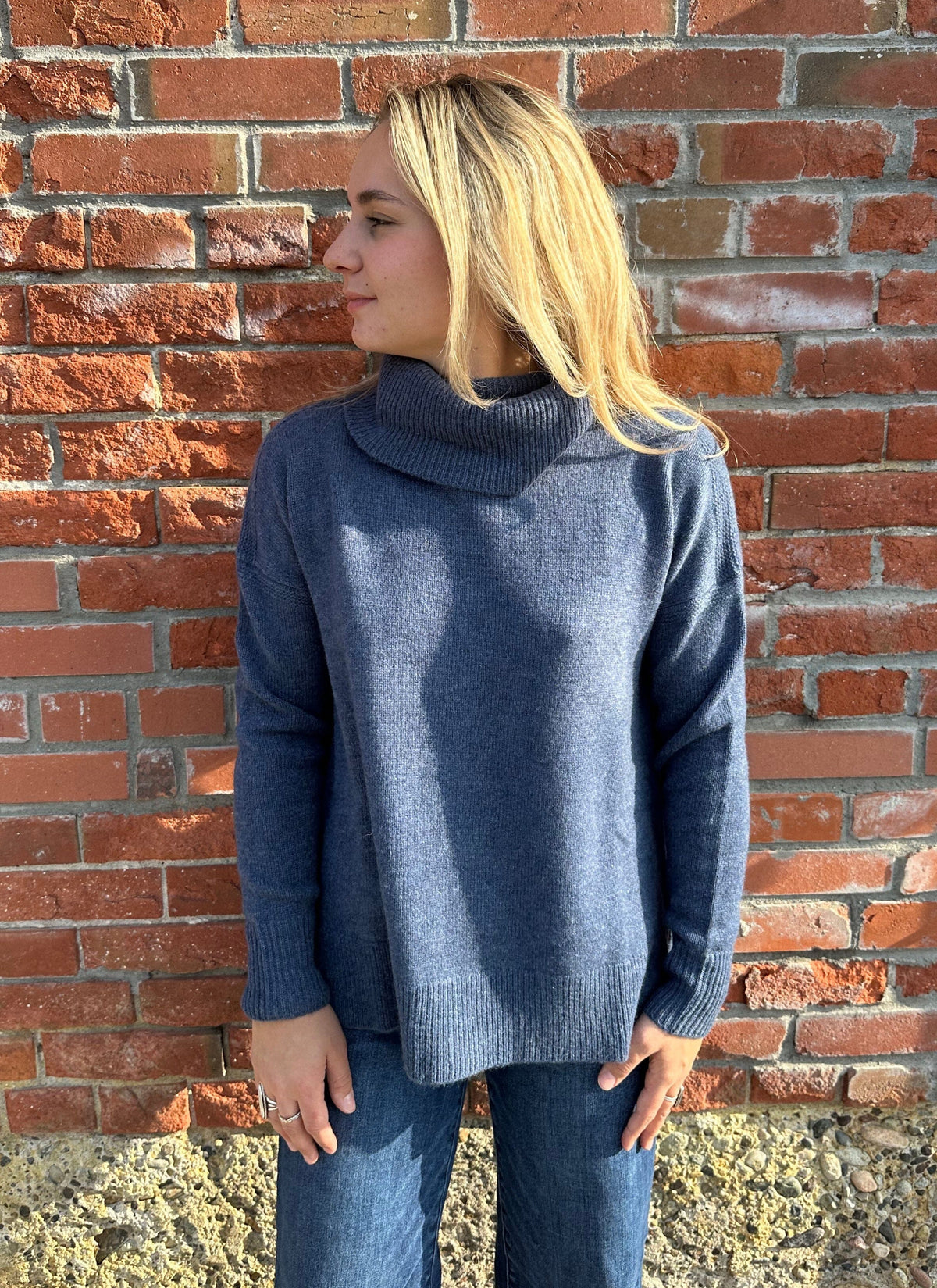 Denim Blue Cashmere Zip Back T-Neck Sweater - LX2002D