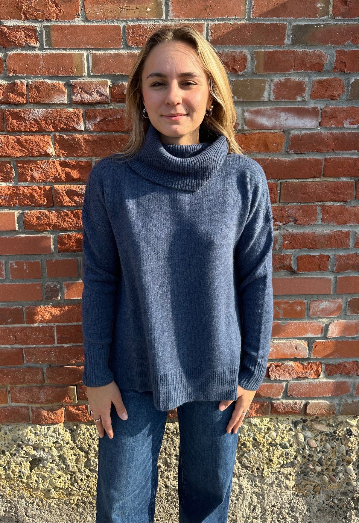Denim Blue Cashmere Zip Back T-Neck Sweater - LX2002D