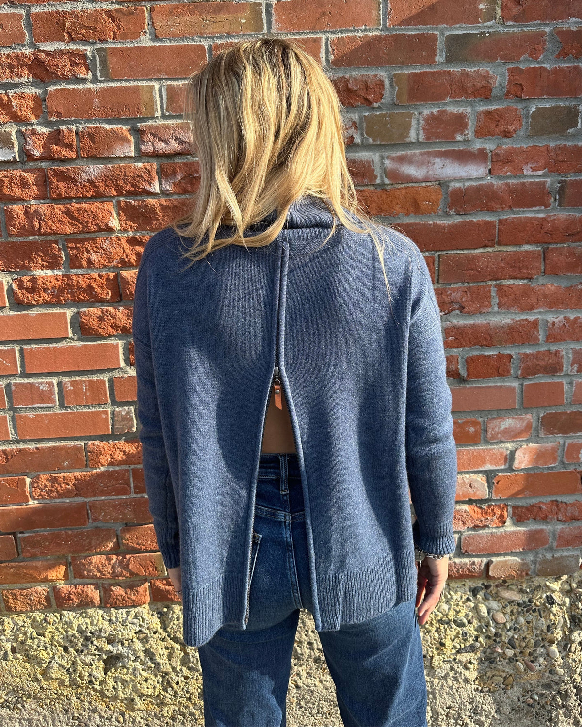 Denim Blue Cashmere Zip Back T-Neck Sweater - LX2002D