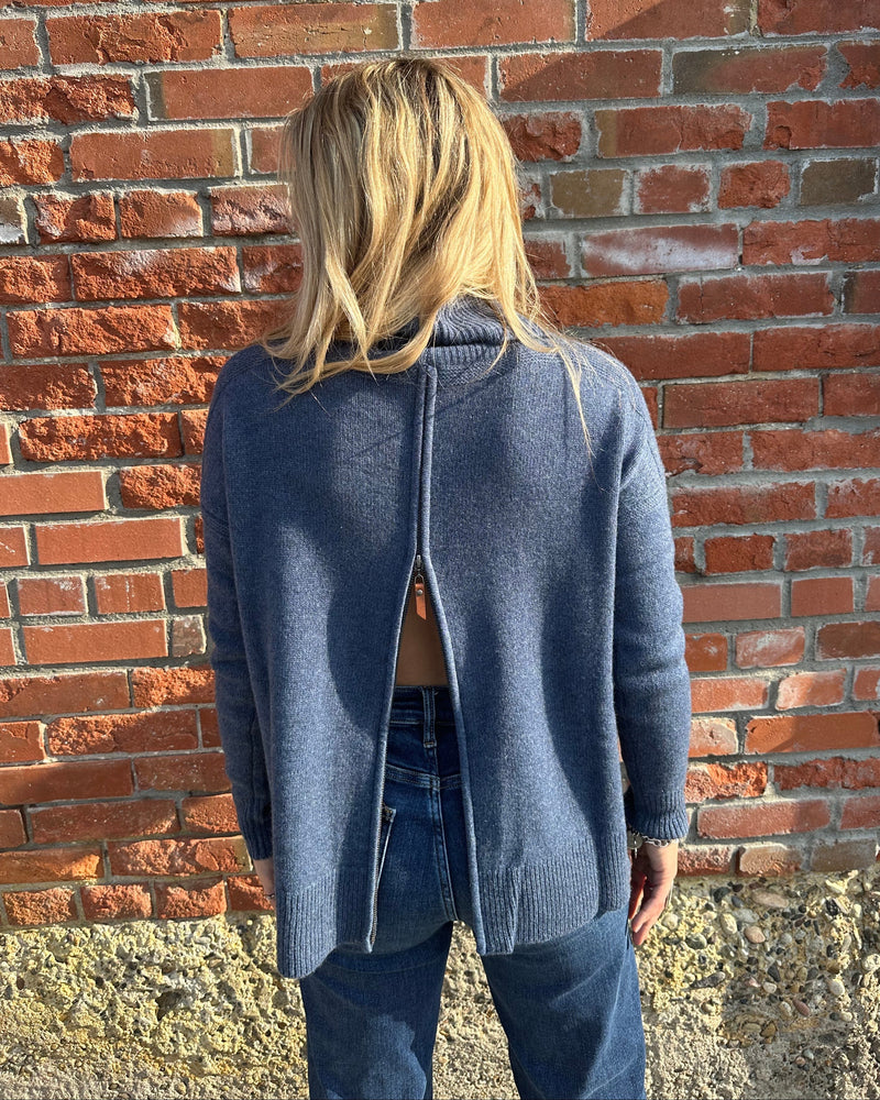 Denim Blue Cashmere Zip Back T-Neck Sweater - LX2002D