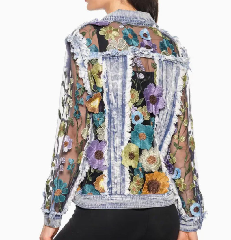 Denim/Mesh Embriodered Flower Jacket - BS2529