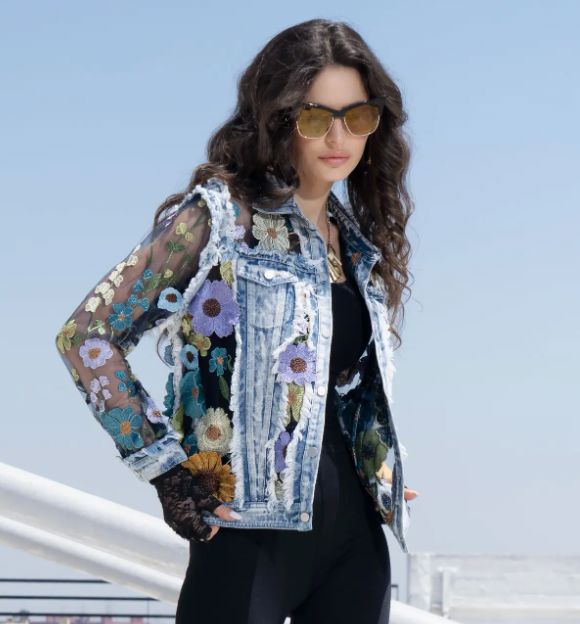 Denim/Mesh Embriodered Flower Jacket - BS2529