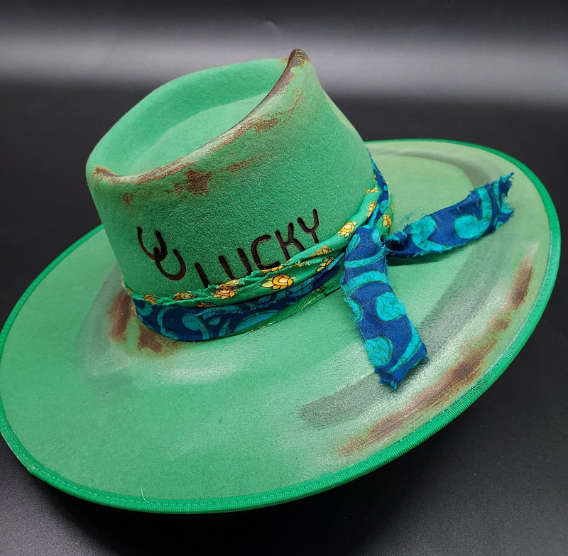 Double Horse Shoe "Lucky" Embellished Green Felt Hat - HIML78 - Size S