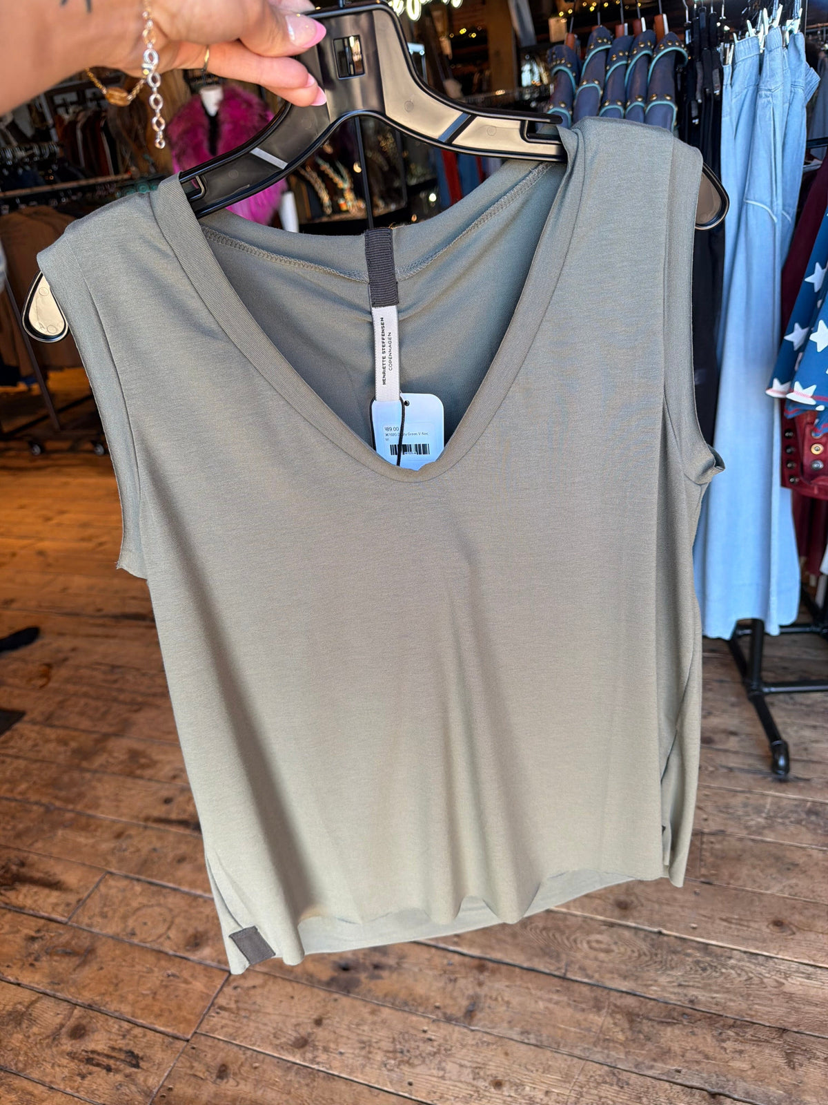 Dusty Green V-Neck Sleeveless Jersey Top - Henriette Steffensen - 96102G