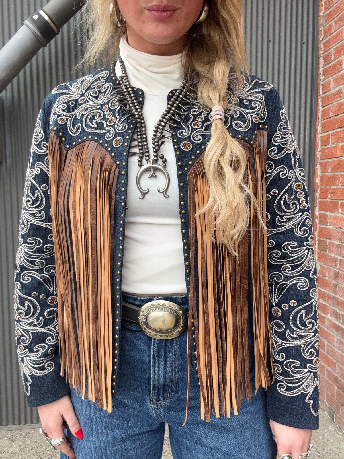 Embellished Denim/Suede Fringe Jacket - L1073