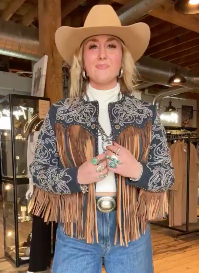 Embellished Denim/Suede Fringe Jacket - L1073
