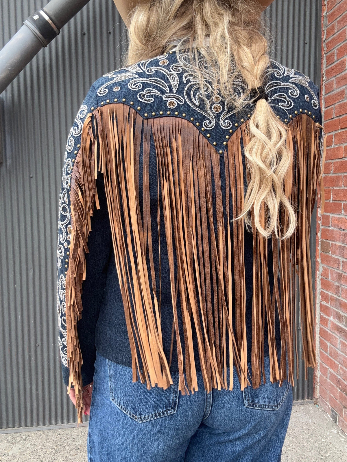 Embellished Denim/Suede Fringe Jacket - L1073