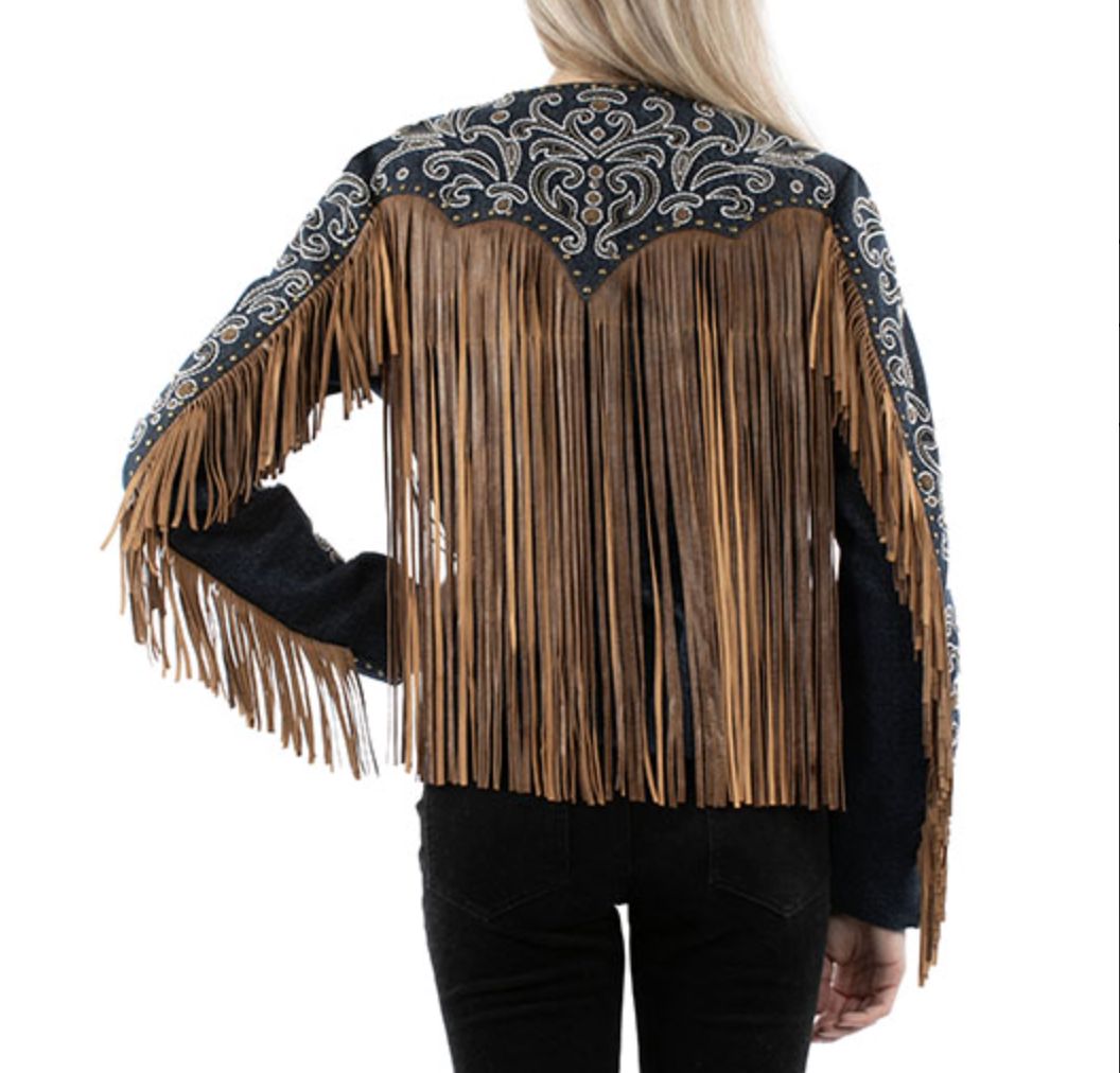 Embellished Denim/Suede Fringe Jacket - L1073