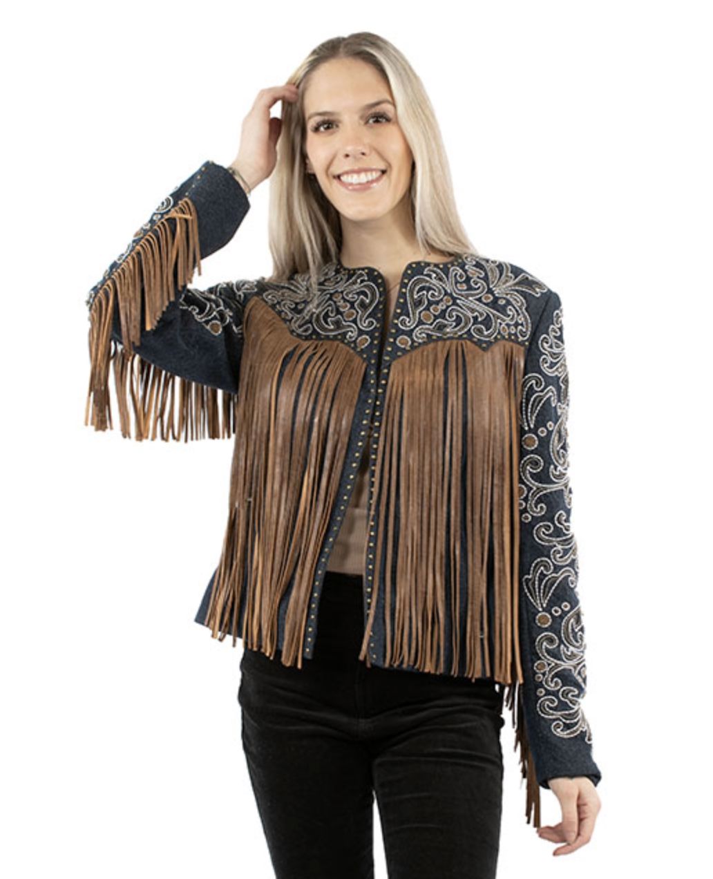Embellished Denim/Suede Fringe Jacket - L1073