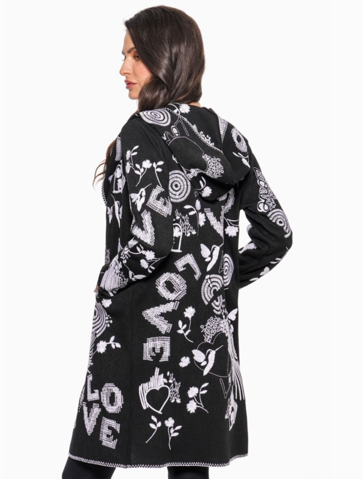 Embroidered Hooded Sweater Coat -Black Multi - AD2609B