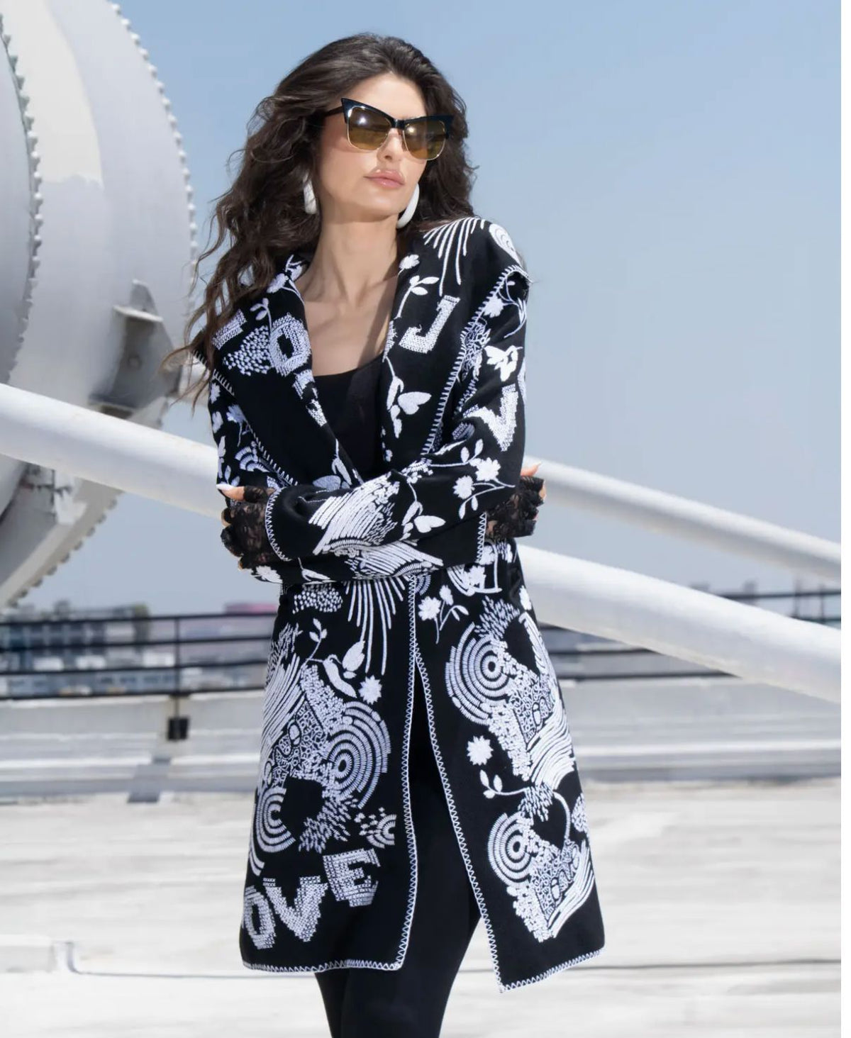 Embroidered Hooded Sweater Coat -Black Multi - AD2609B