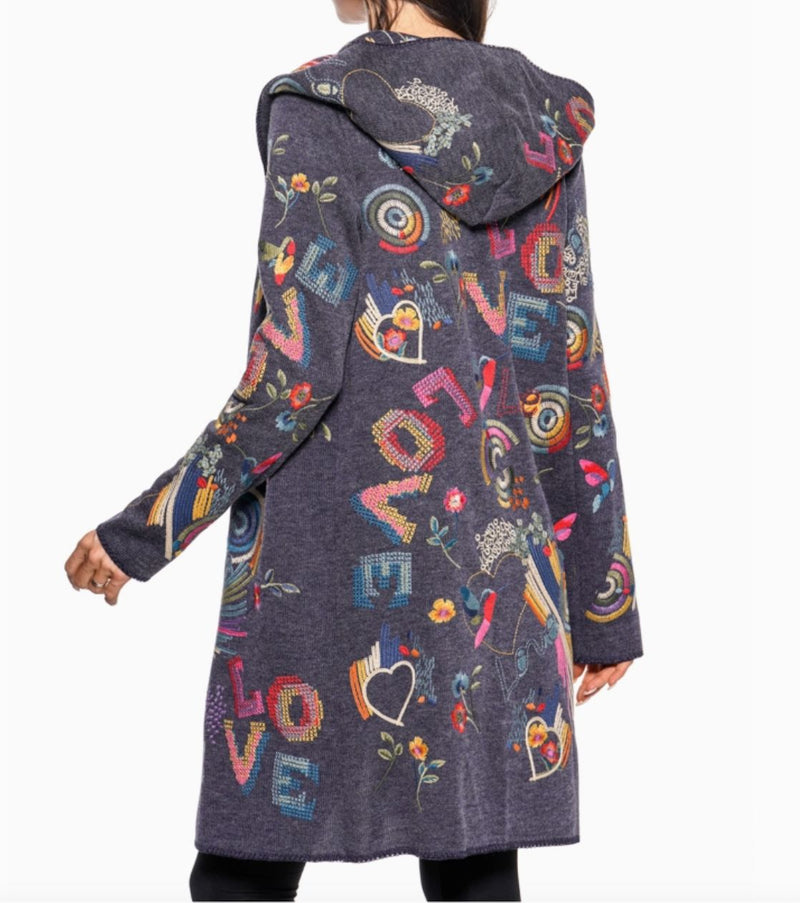 Embroidered Hooded Sweater Coat - Navy - AD2069C
