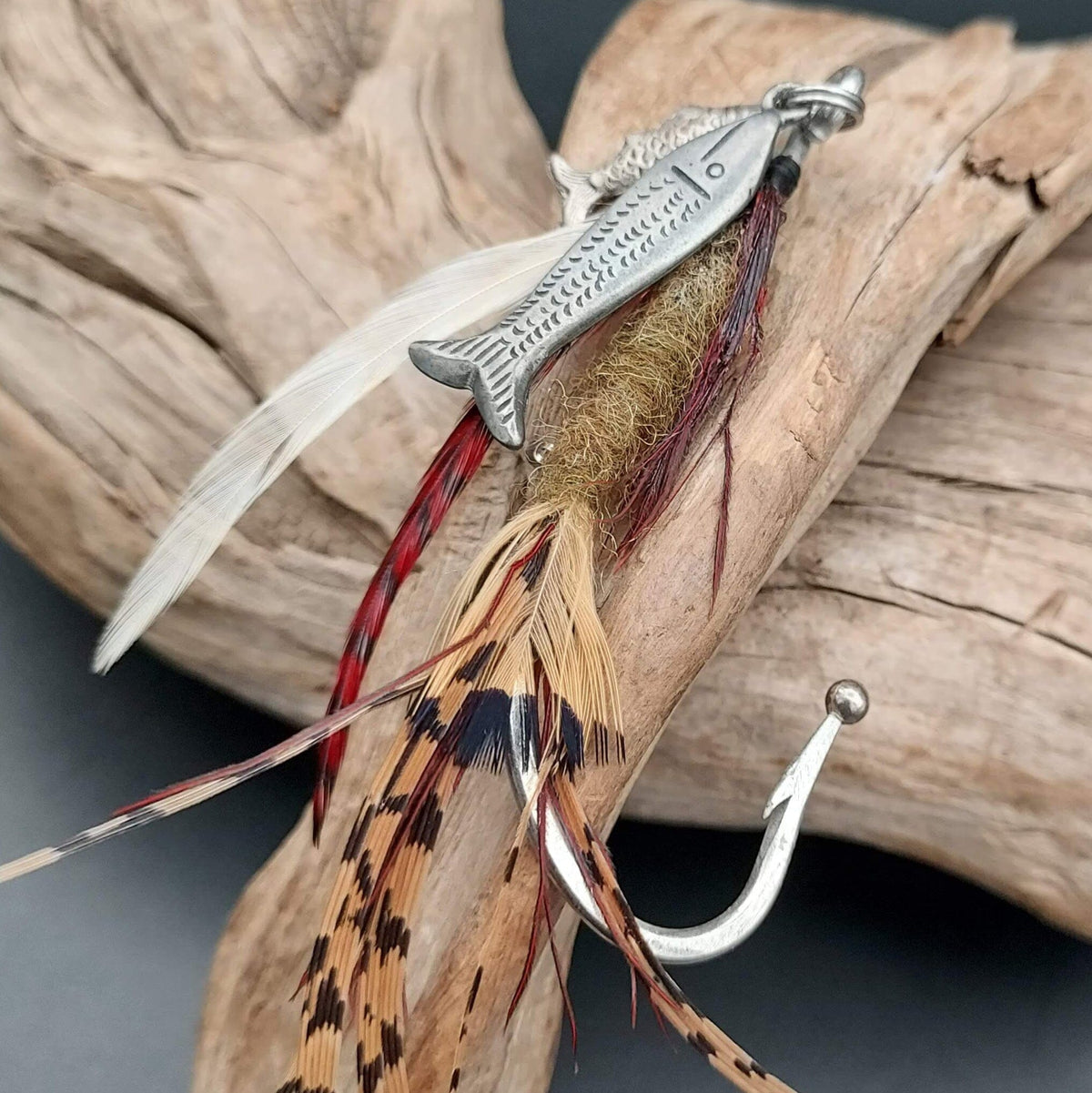 Fish Hook Pin with Feathers Two Small Fish Charms - PINOA1