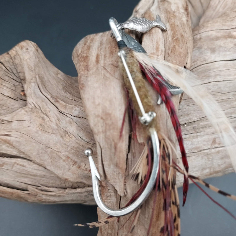 Fish Hook Pin with Feathers Two Small Fish Charms - PINOA1
