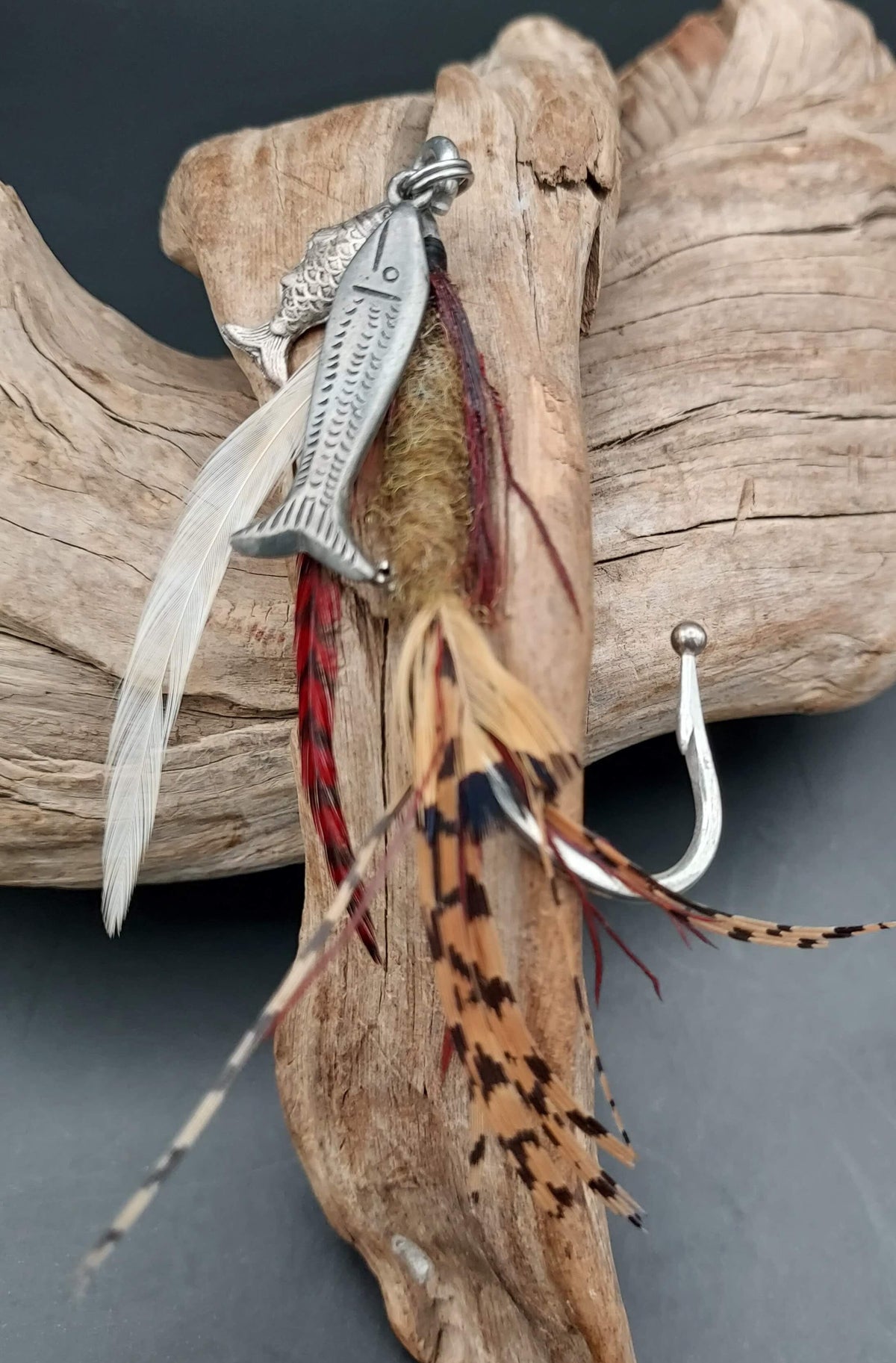 Fish Hook Pin with Feathers Two Small Fish Charms - PINOA1