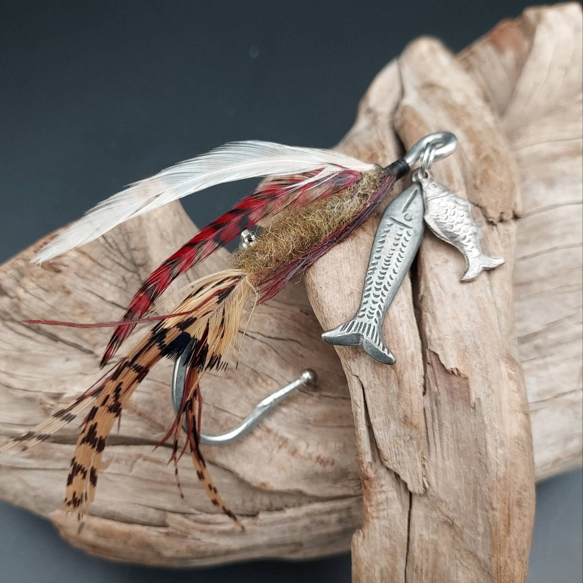 Fish Hook Pin with Feathers Two Small Fish Charms - PINOA1