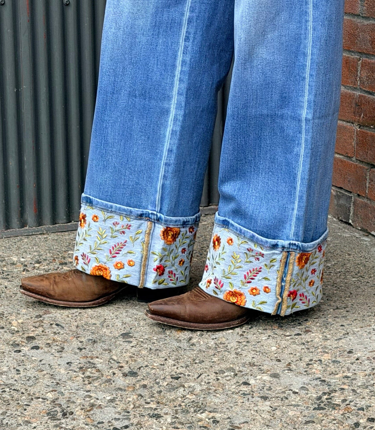 Floral Embroidered Cuff-HR/WL Denim Jeans - BY8340