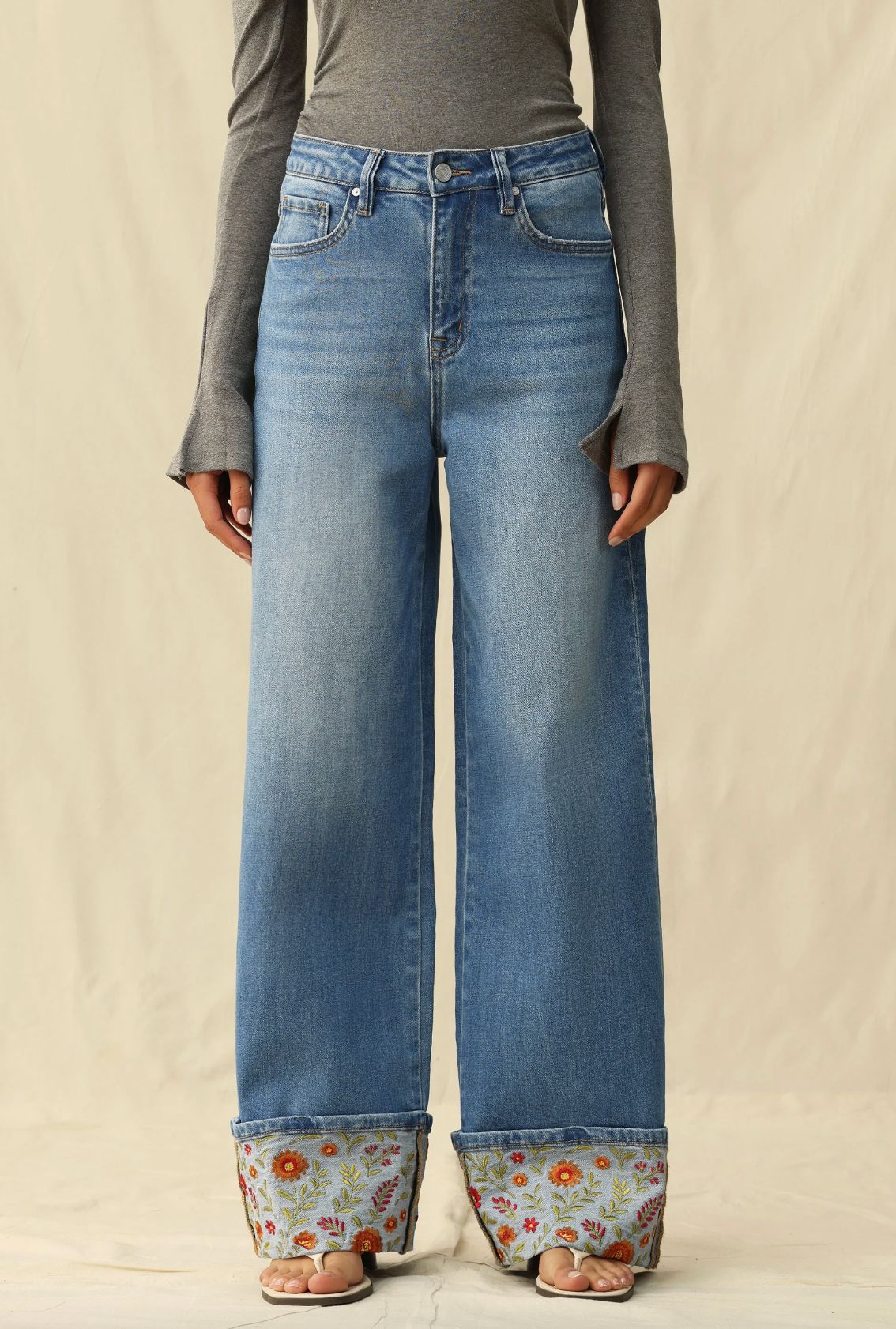 Floral Embroidered Cuff-HR/WL Denim Jeans - BY8340