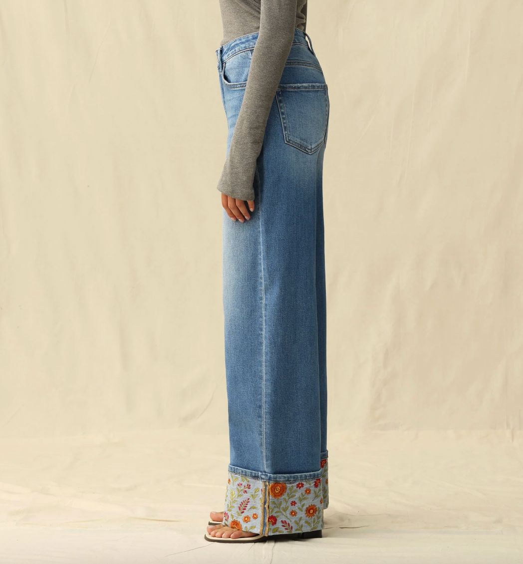 Floral Embroidered Cuff-HR/WL Denim Jeans - BY8340