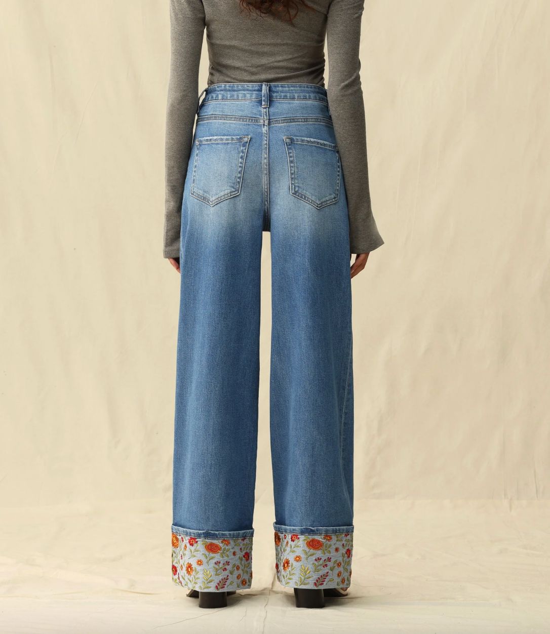 Floral Embroidered Cuff-HR/WL Denim Jeans - BY8340
