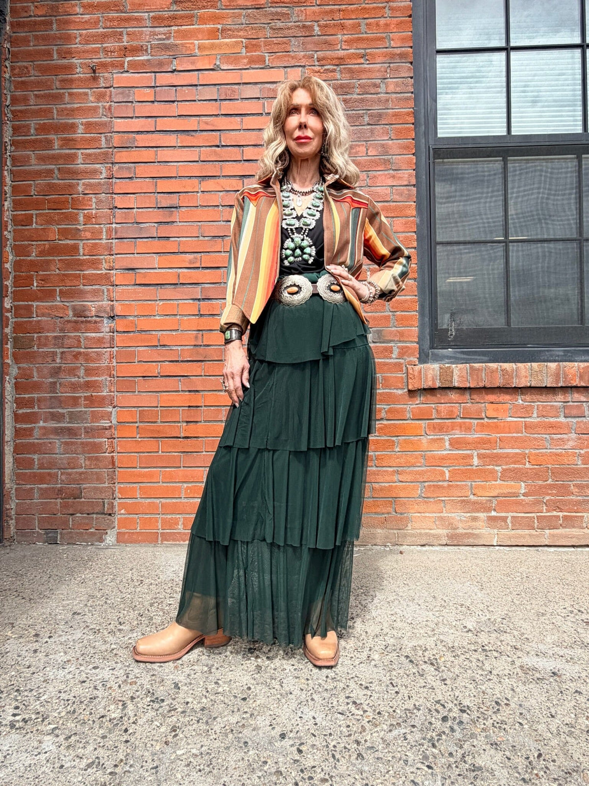 Forest Green Mesh Tiered Maxi Skirt - 4690FG