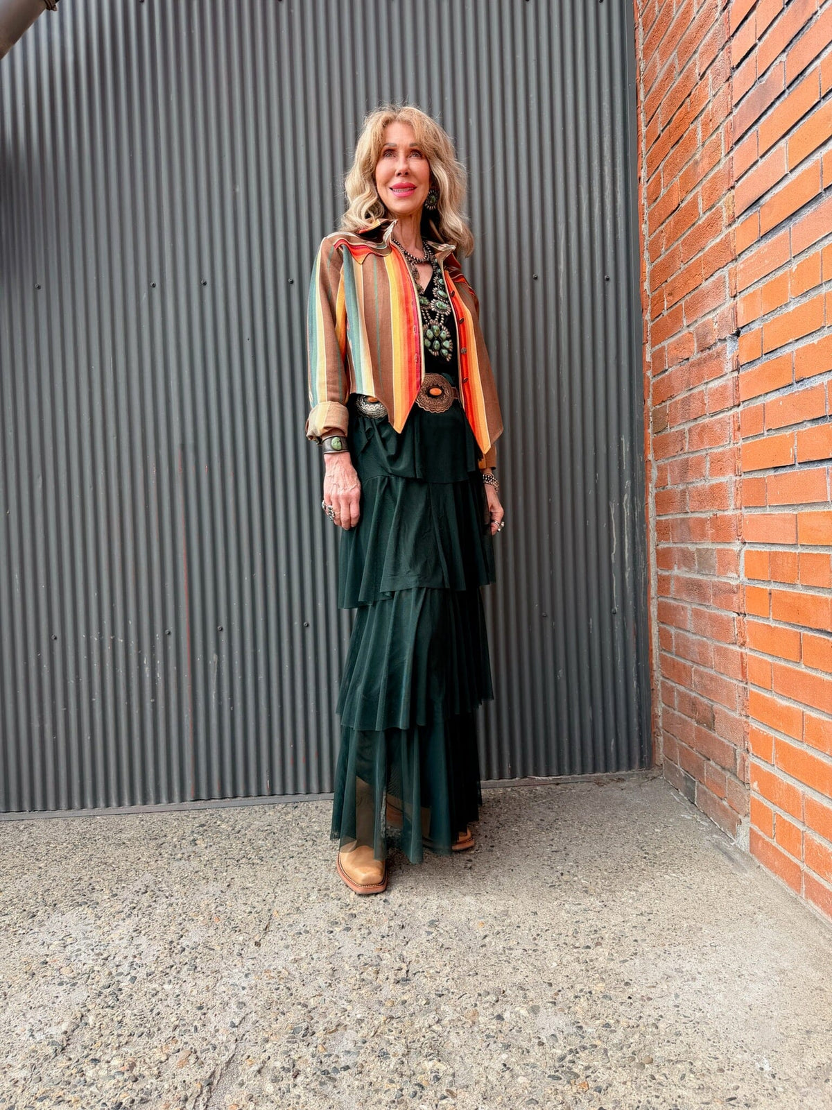 Forest Green Mesh Tiered Maxi Skirt - 4690FG