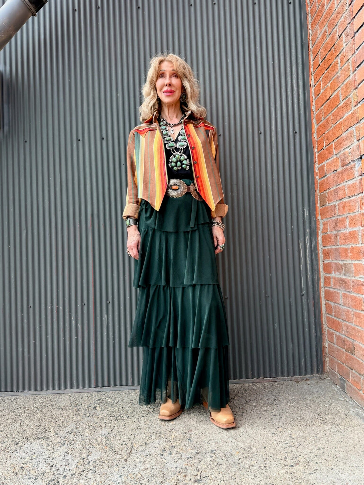 Forest Green Mesh Tiered Maxi Skirt - 4690FG