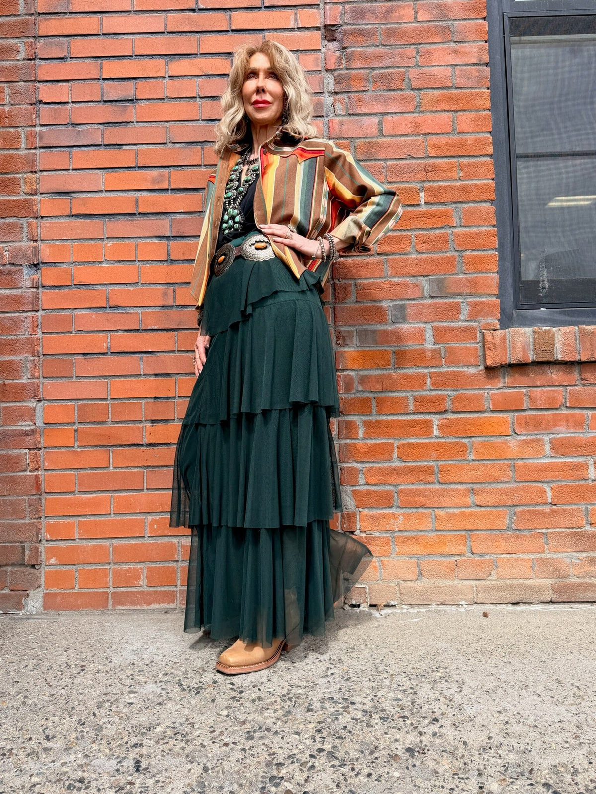 Forest Green Mesh Tiered Maxi Skirt - 4690FG