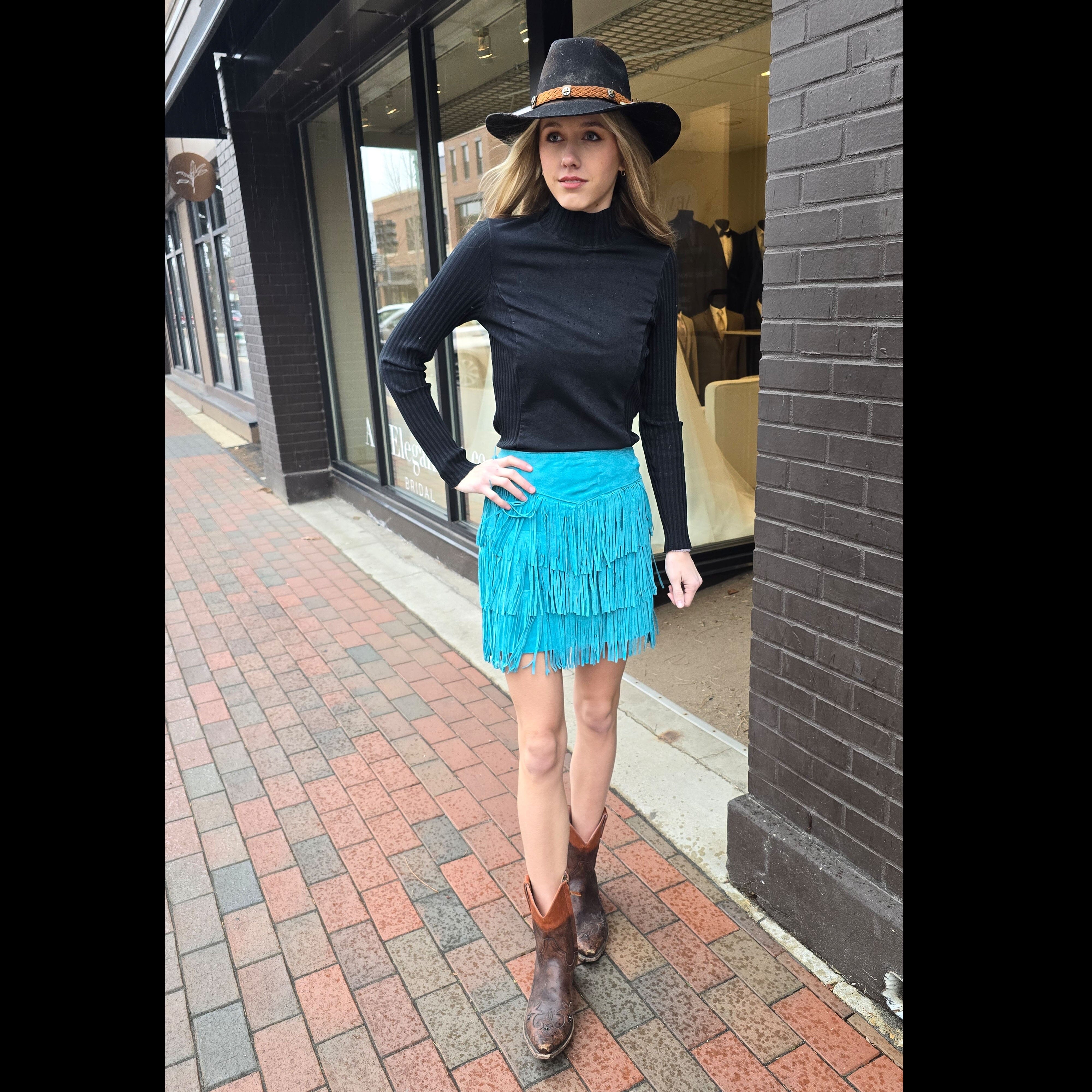 Fringed Suede Skirt - Turquoise - Scully - KSY7