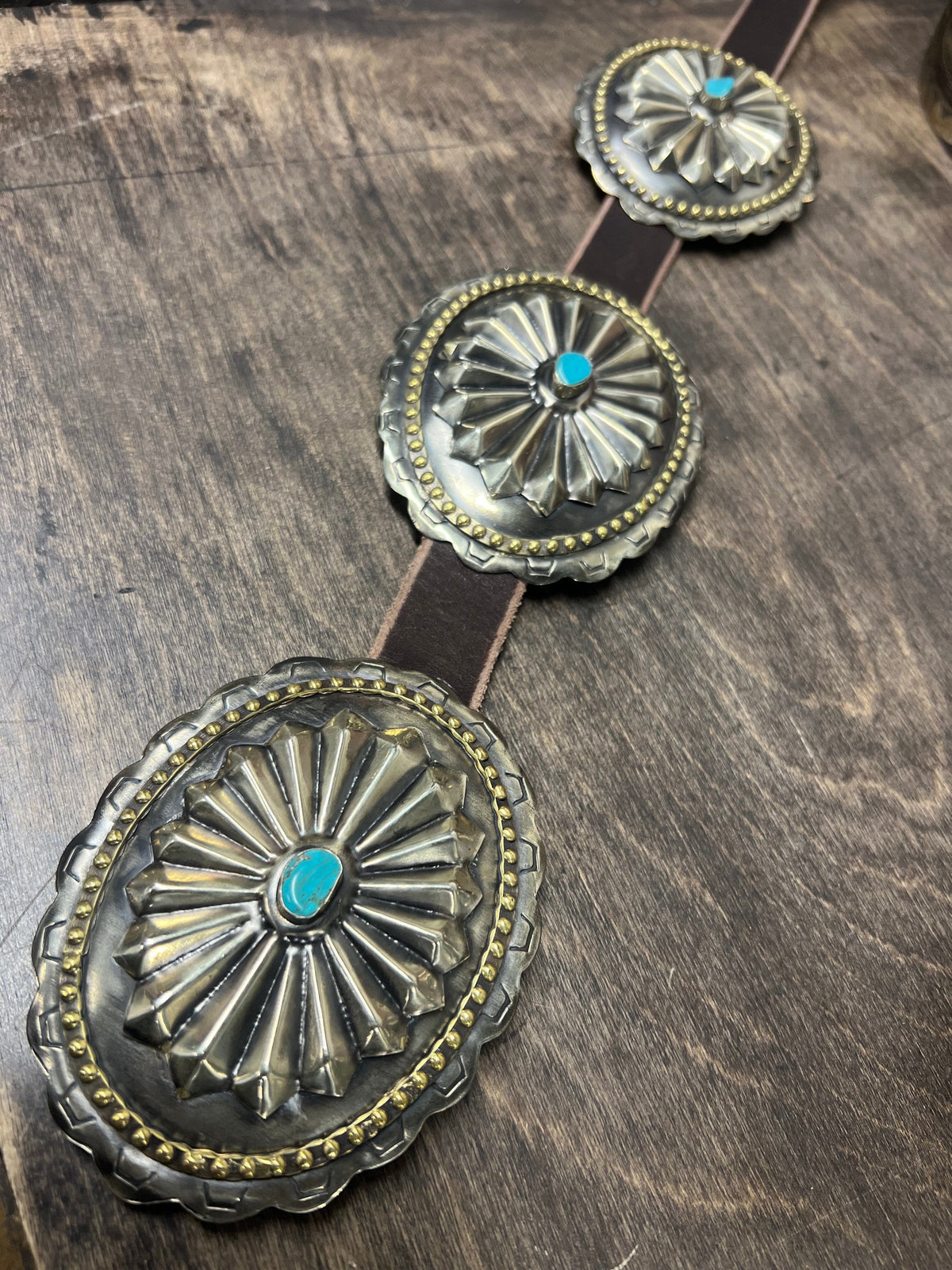 German Silver Sun Burst/Turq Oval Concho Belt - BBAR207