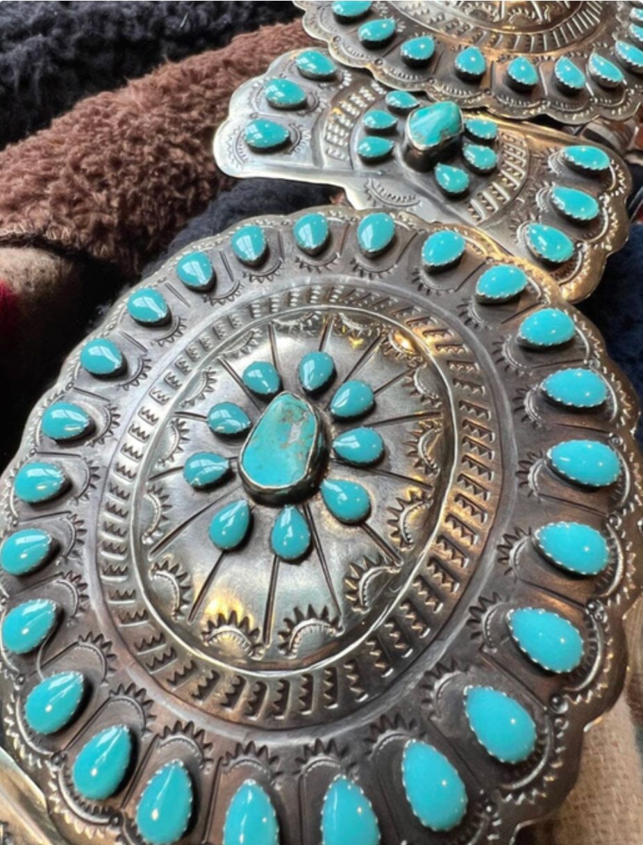 German Silver/Blue Turq Enamel/Stone Concno Belt - BBAR9