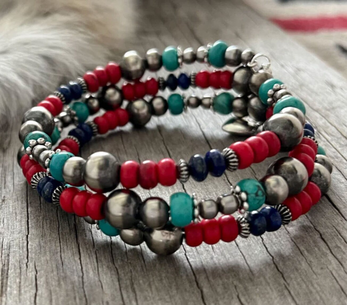 German Silver/Coral Acai/Lapis/Turquoise Wrap Bracelet - GSWB-CLT