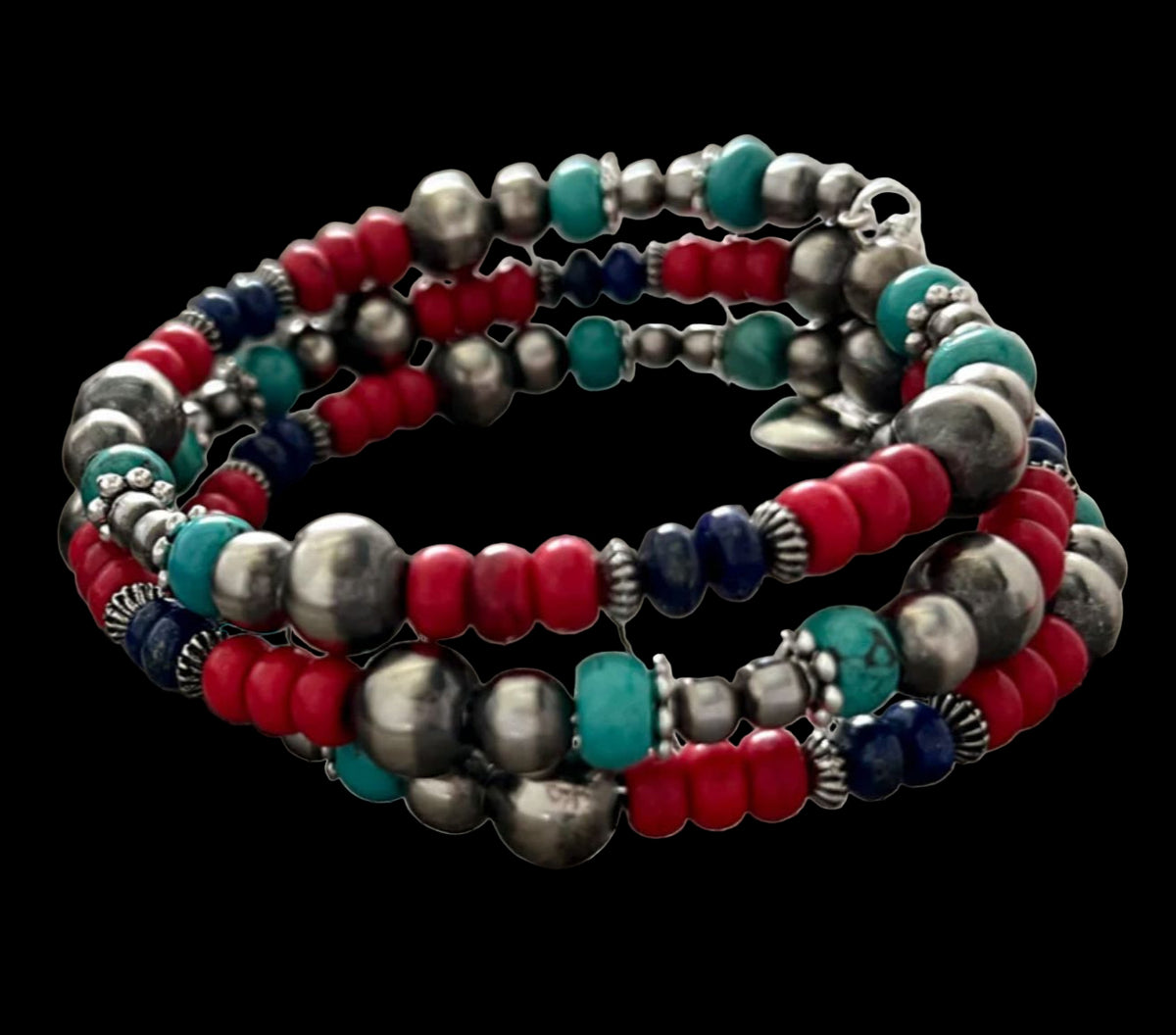 German Silver/Coral Acai/Lapis/Turquoise Wrap Bracelet - GSWB-CLT
