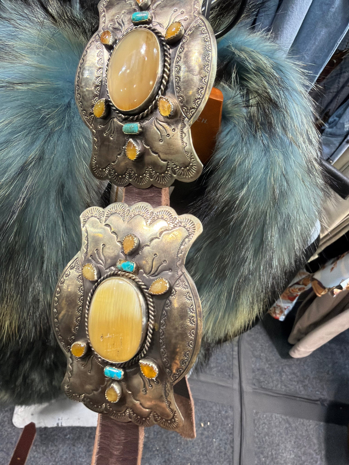 German Silver/Horn/Turquoise/Leather Concho Belt - BBAR282