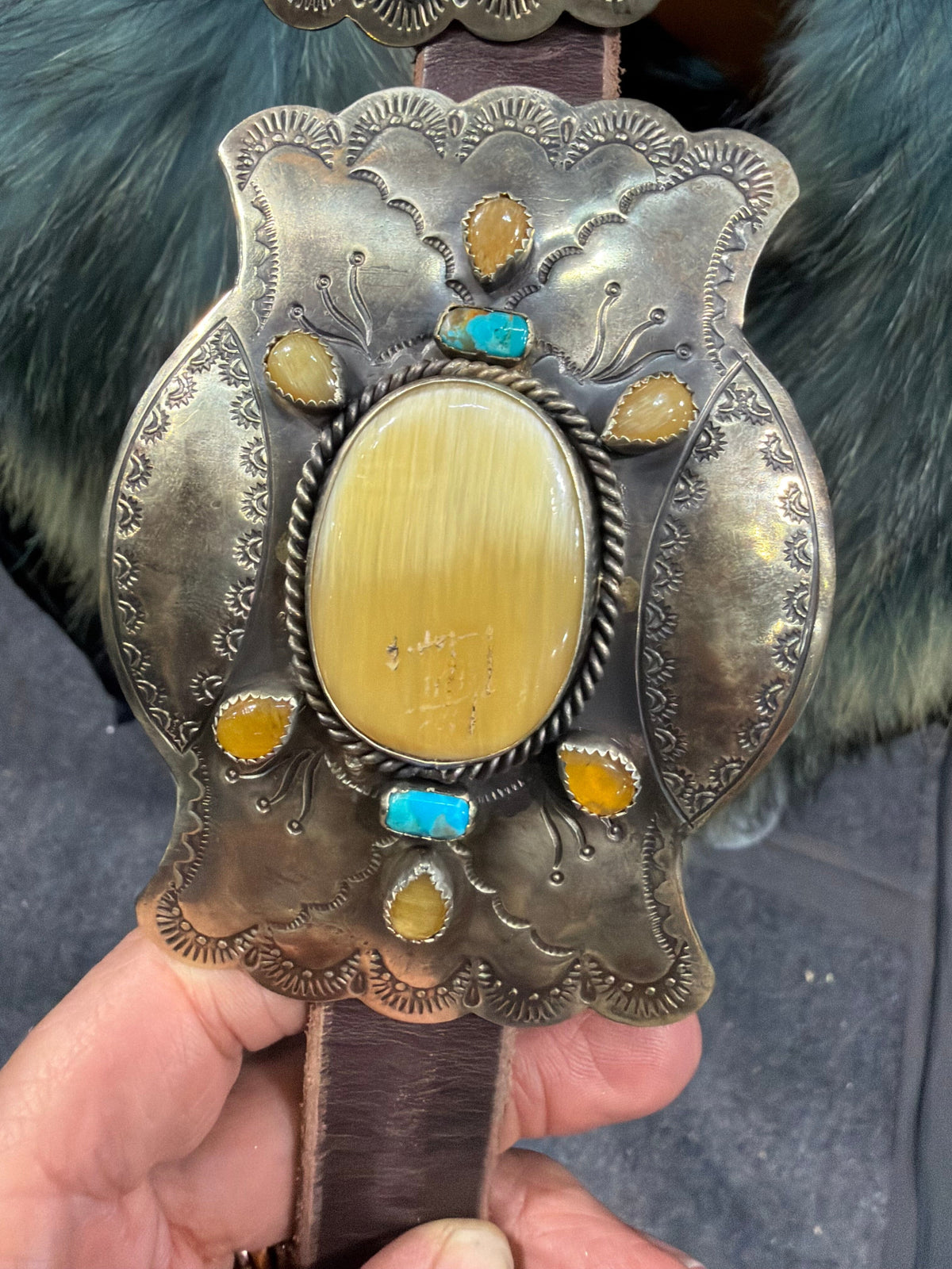 German Silver/Horn/Turquoise/Leather Concho Belt - BBAR282