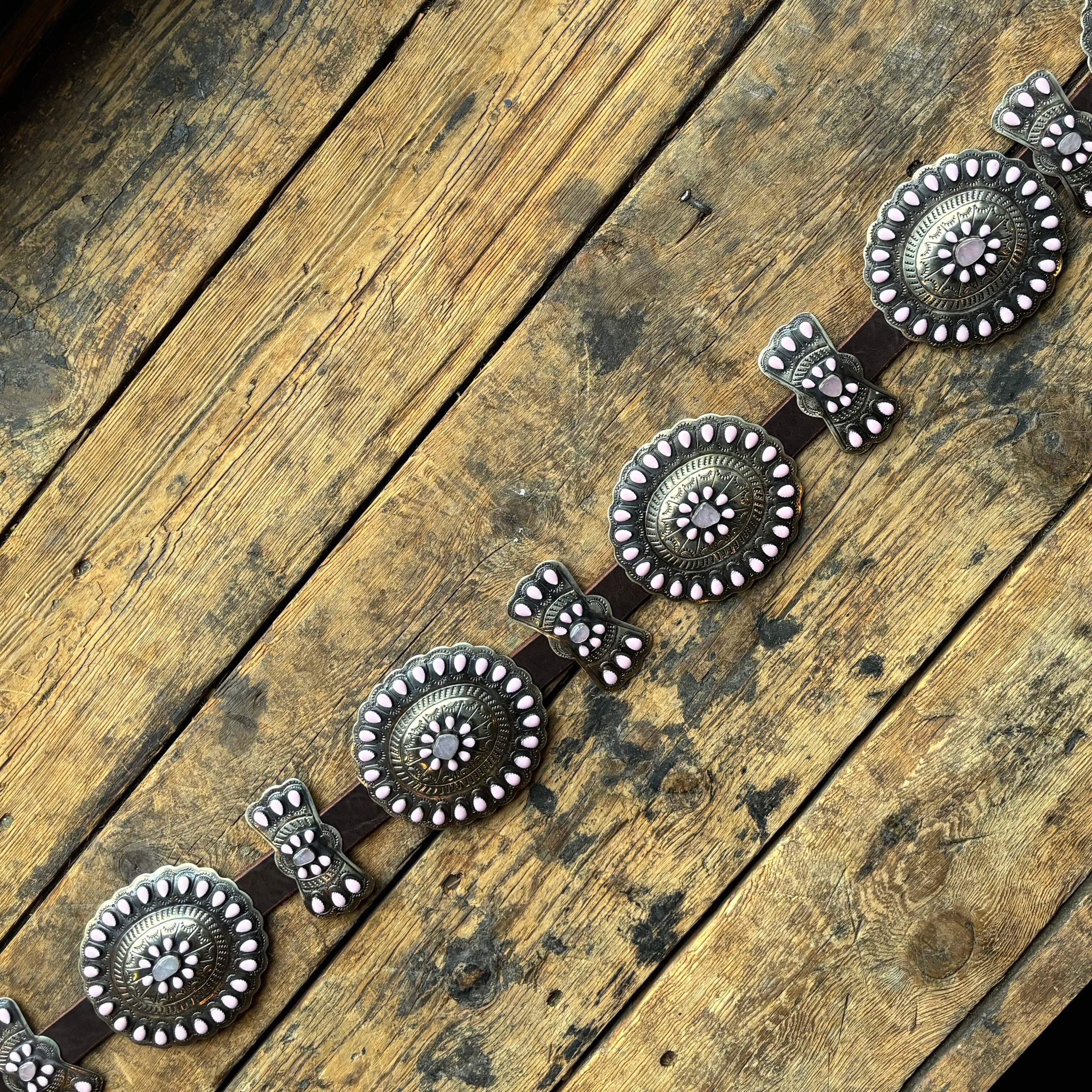 German Sllver / Baby Pink Enamel / Stone Concho Belt