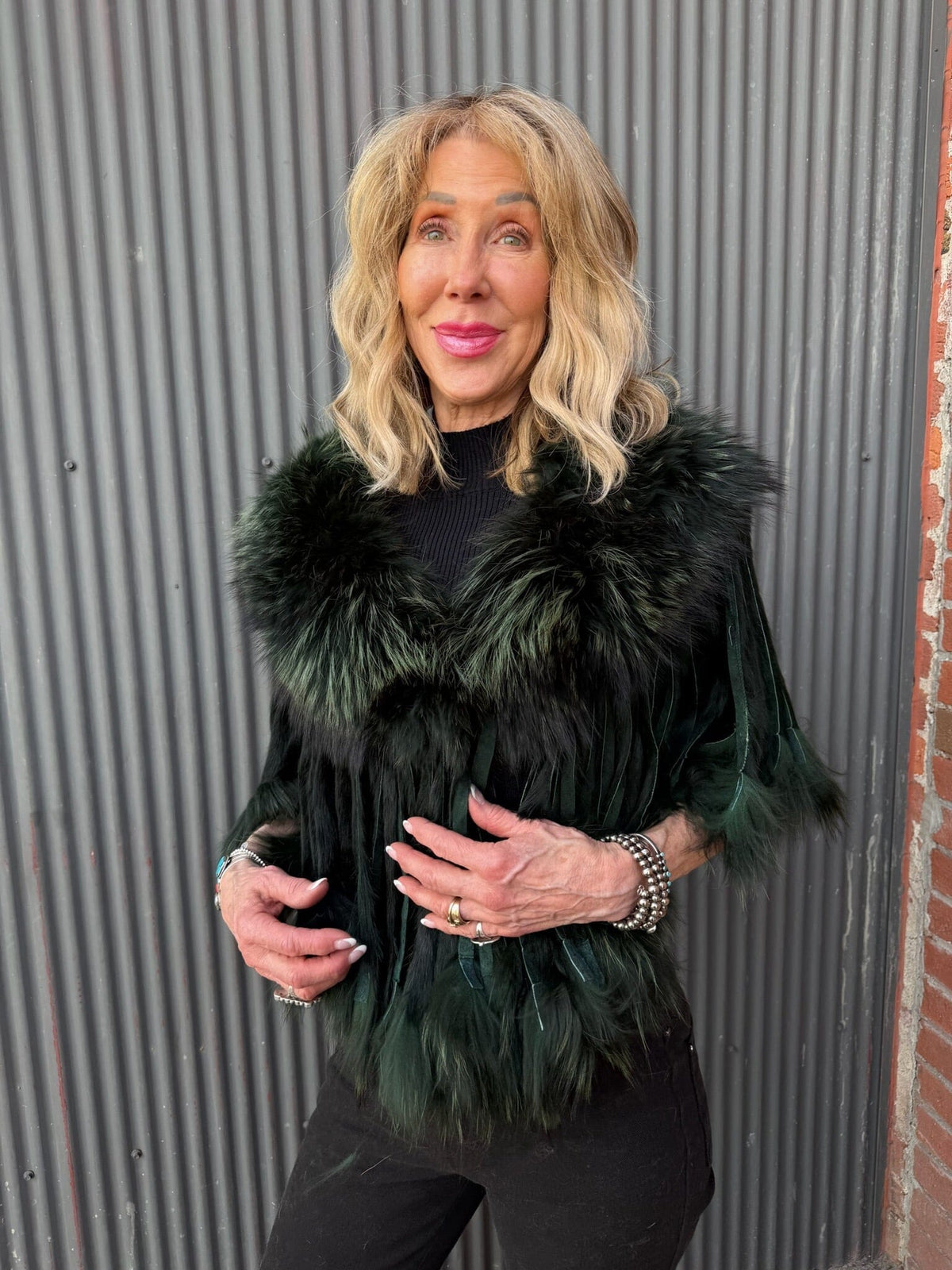 Green Raccoon Collar With Rabbit Fringe - MKCOLR-GR