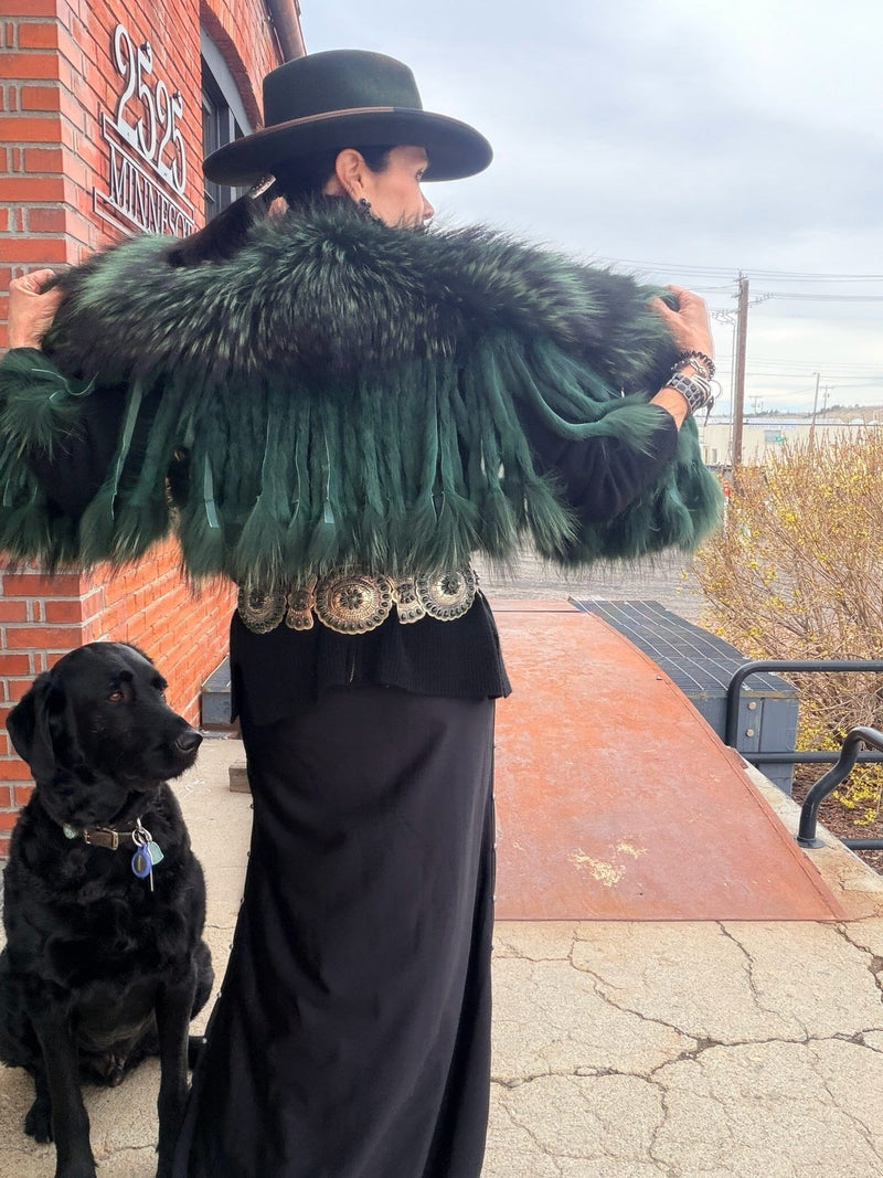 Green Raccoon Collar With Rabbit Fringe - MKCOLR-GR