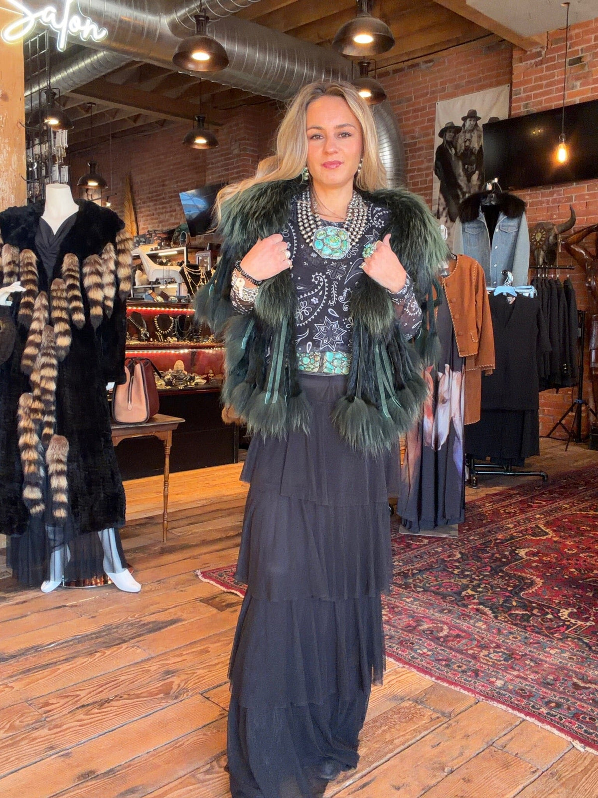 Green Raccoon Collar With Rabbit Fringe - MKCOLR-GR