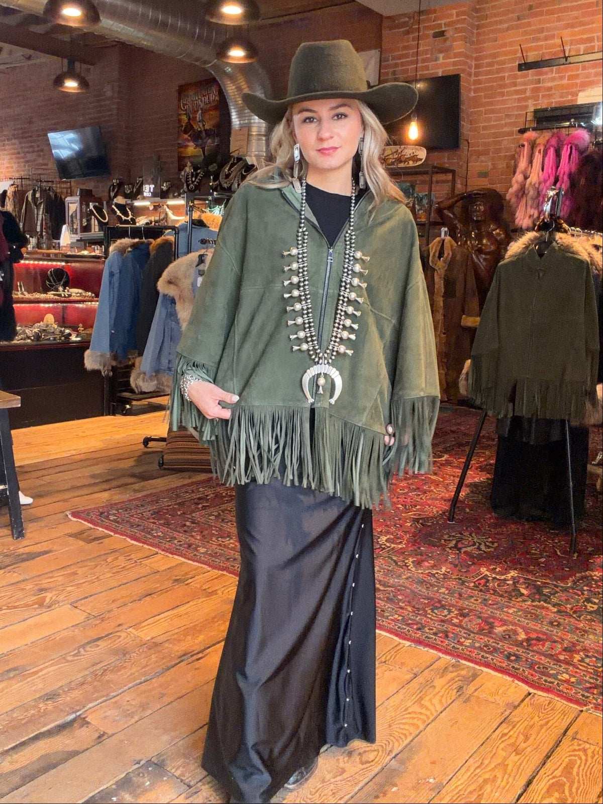 Green Suede Fringed Cape - CDW1GR