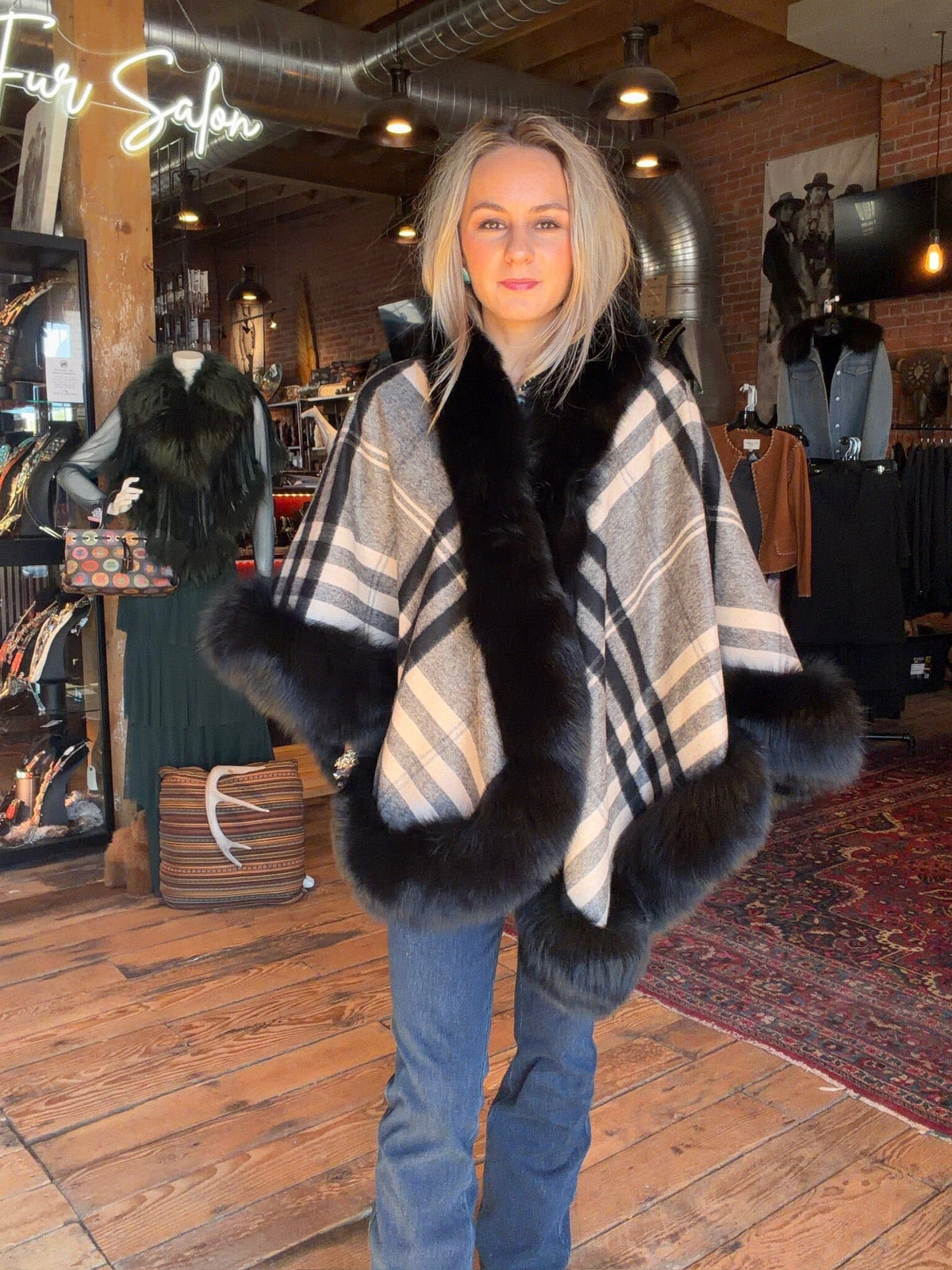 Grey Plaid Cashmere/Black Fox Cape - MKC8-BK