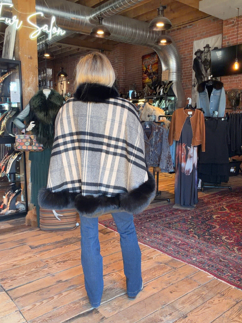 Grey Plaid Cashmere/Black Fox Cape - MKC8-BK