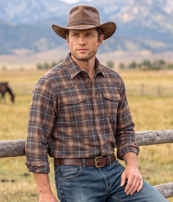 Grey/Brown Plaid Western Shirt - 301GB