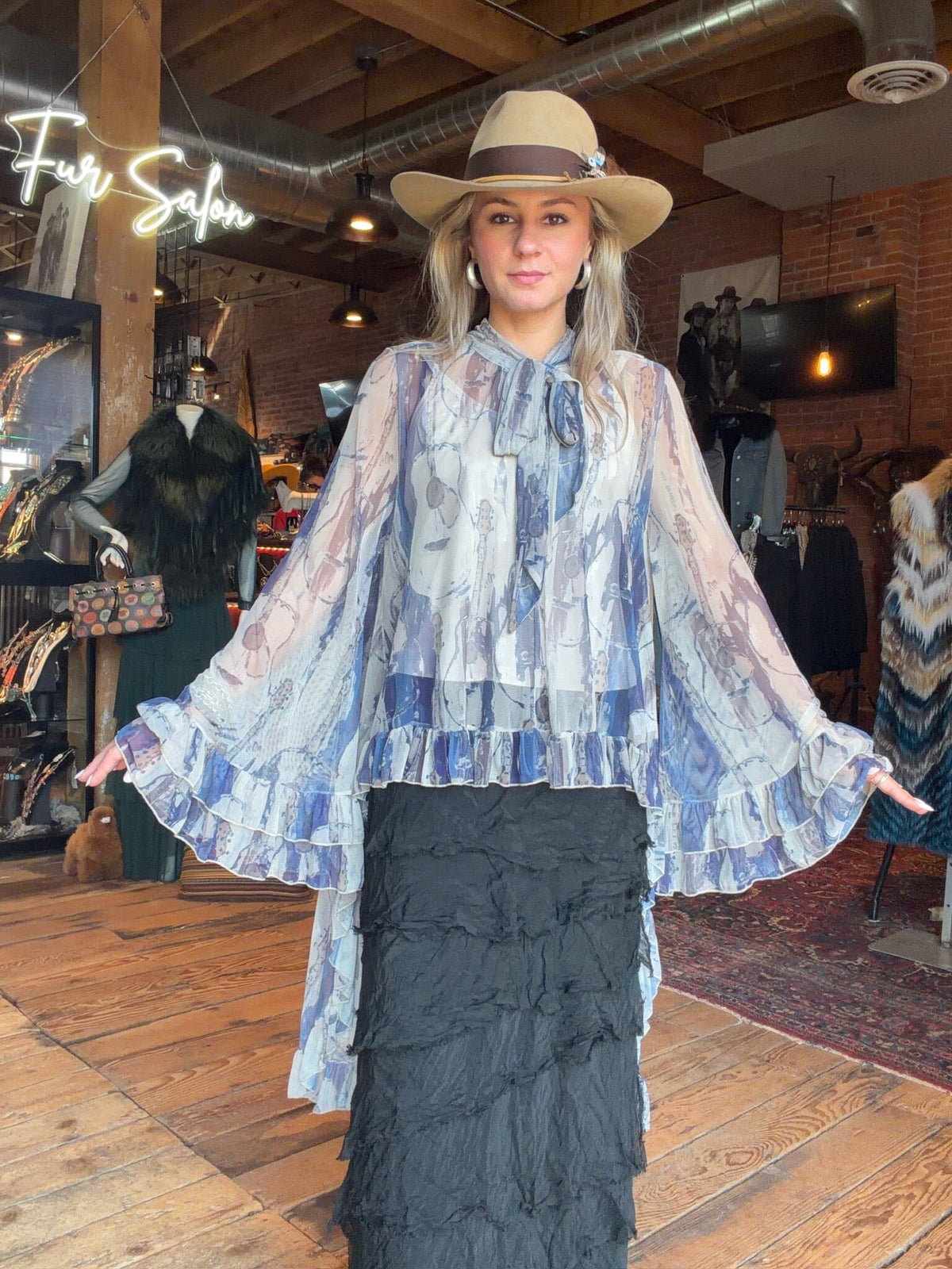 Guitar Print Ruffle Mesh Blouse - 4809GU
