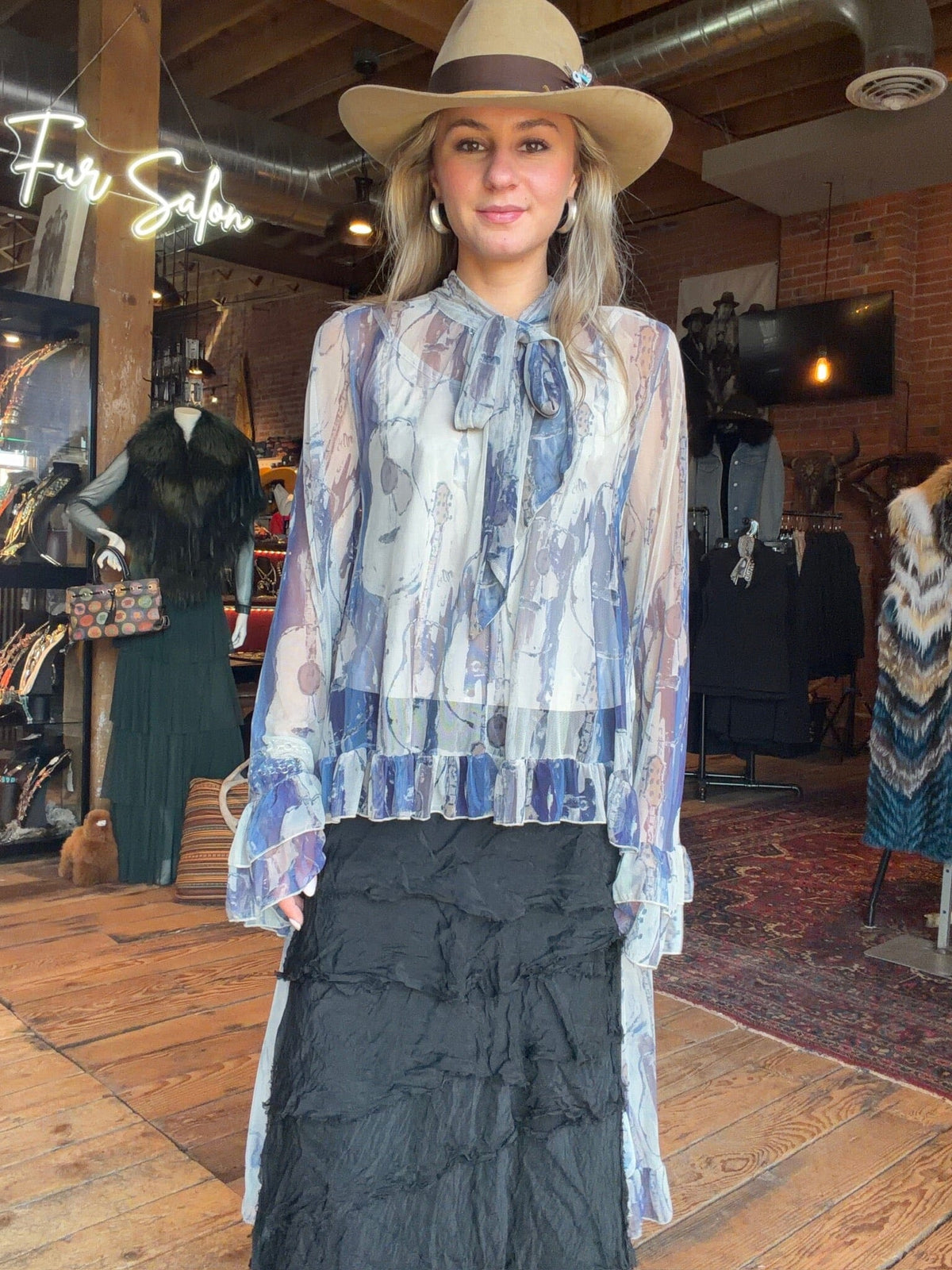 Guitar Print Ruffle Mesh Blouse - 4809GU