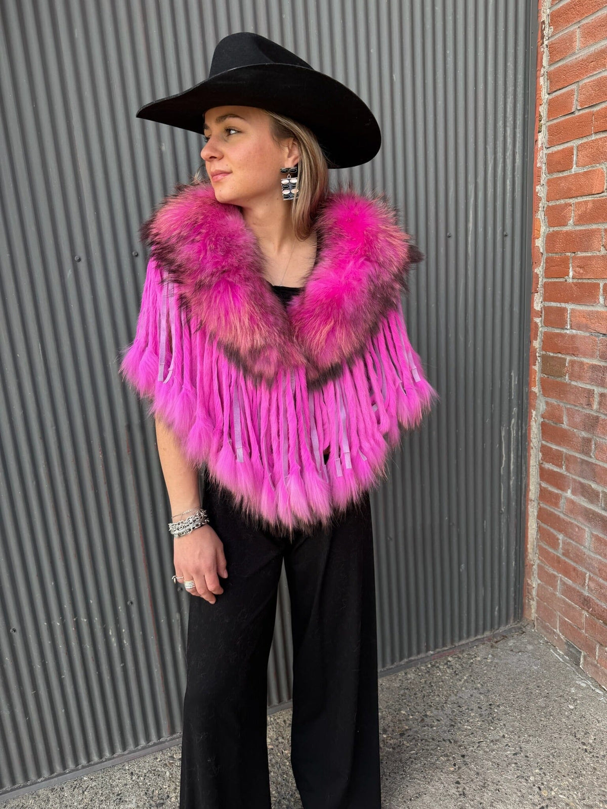 Hot Pink Raccoon Collar With Rabbit Fringe - MKCOLR-HP