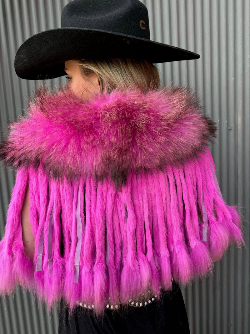 Hot Pink Raccoon Collar With Rabbit Fringe - MKCOLR-HP