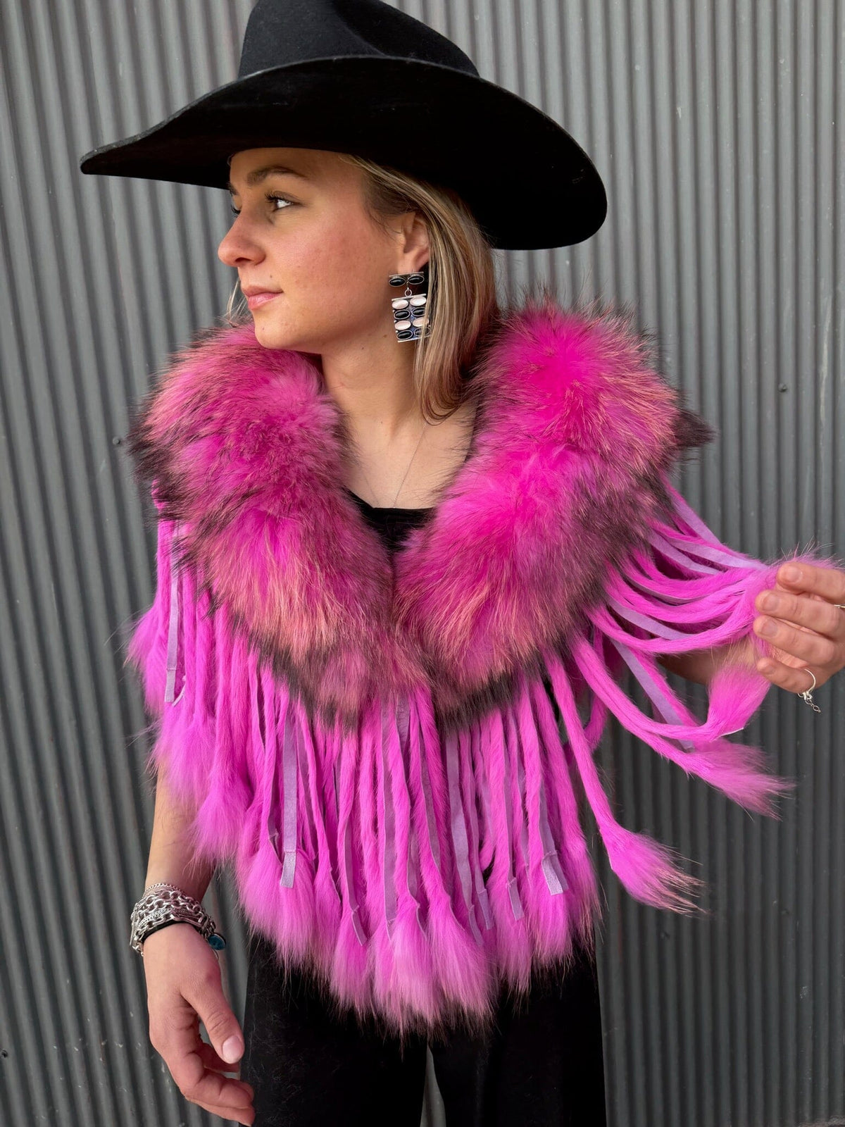 Hot Pink Raccoon Collar With Rabbit Fringe - MKCOLR-HP